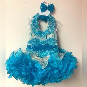 Size 9-18 Months Blue & White 2 Pc Cupcake Style Pageant Dress & Matching Bow